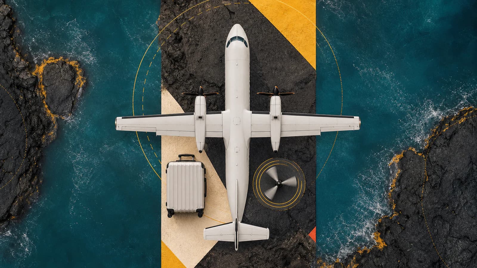 Avión regional turbohélice blanco sobre una composición cenital de océano, roca volcánica y equipaje.