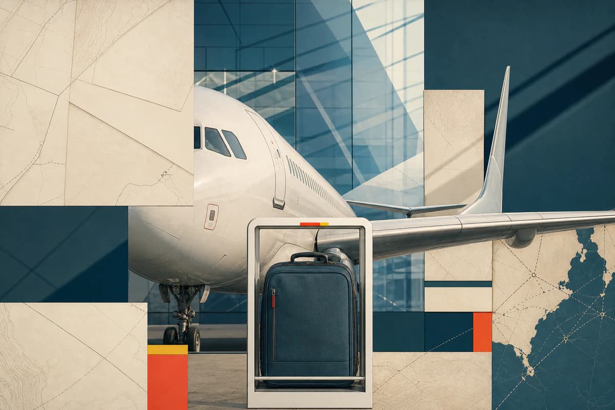 Avión blanco y maleta de cabina en una composición modular de papel, vidrio y geometría aeroportuaria.