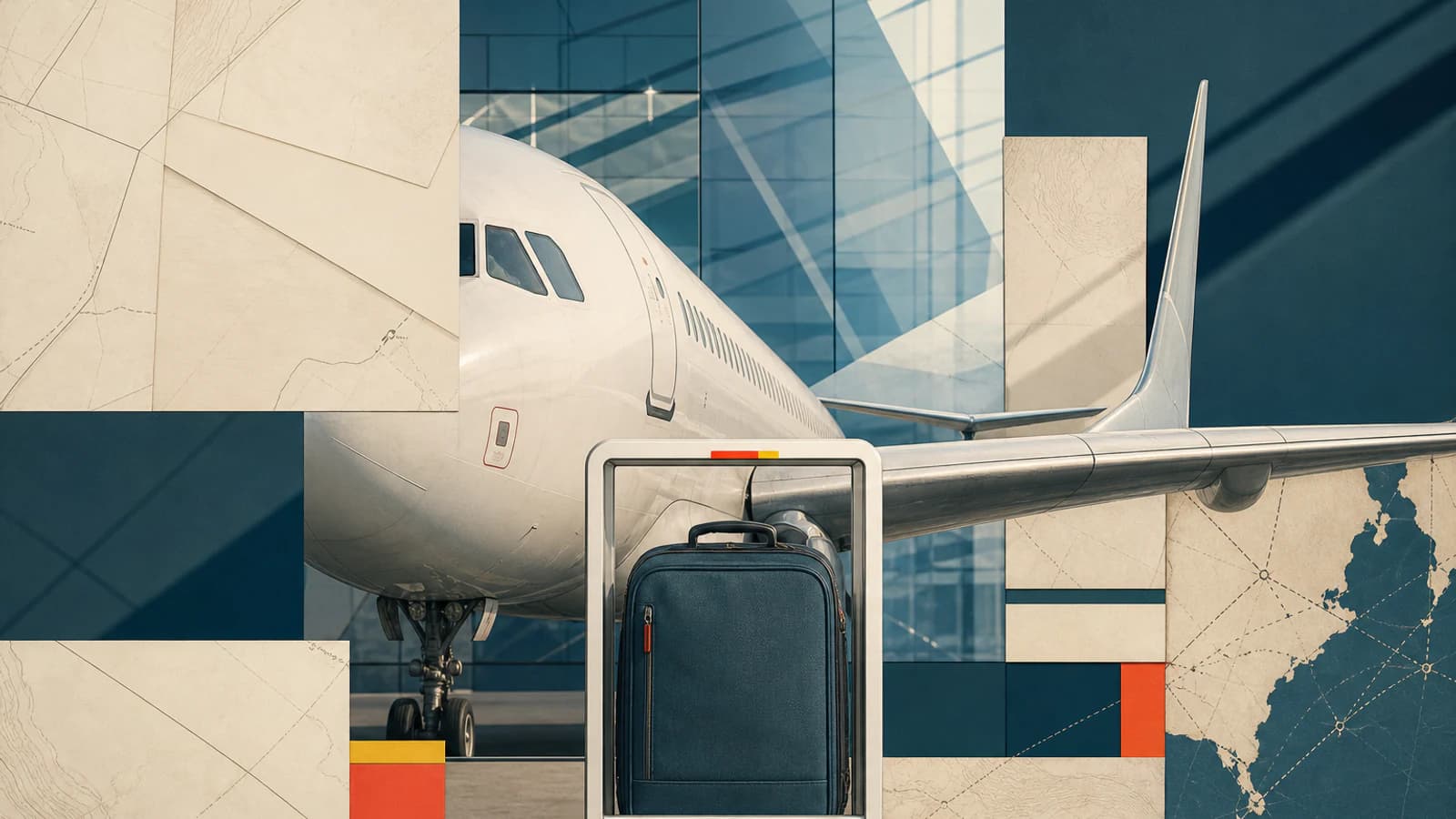 Avión blanco y maleta de cabina en una composición modular de papel, vidrio y geometría aeroportuaria.