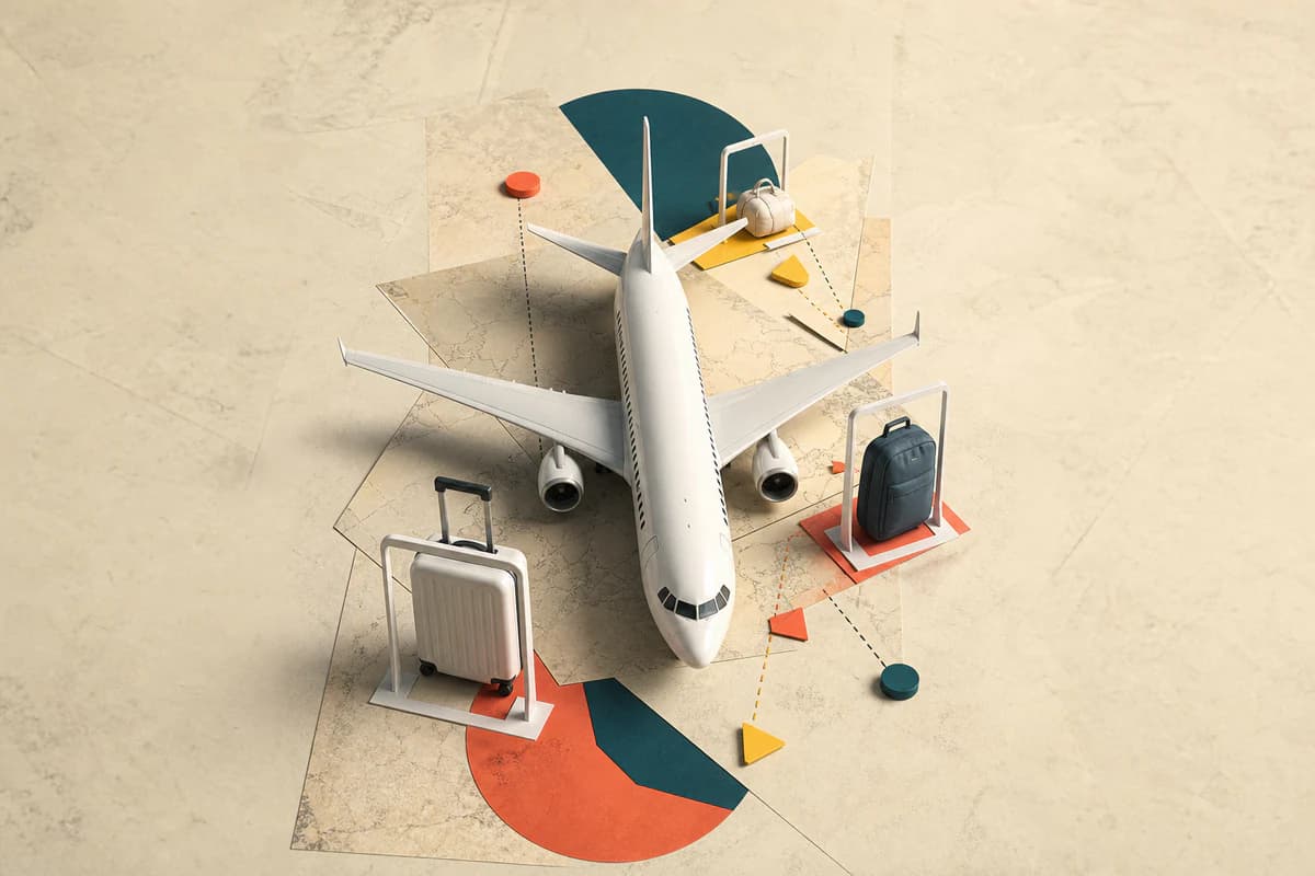 Avión blanco sin marca rodeado de medidores de equipaje sobre un collage mineral en coral, mar y papel.